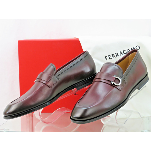FERRAGAMO BURGUNDY LEATHER FLORIO GANCINI BIT LOGO LOAFERS 8 EE US 9 - Picture 5 of 10